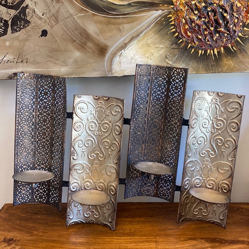 Vintage Pier 1 Metal Scroll Wall Sconce Candle Holder 4 Pillar Earth Tones